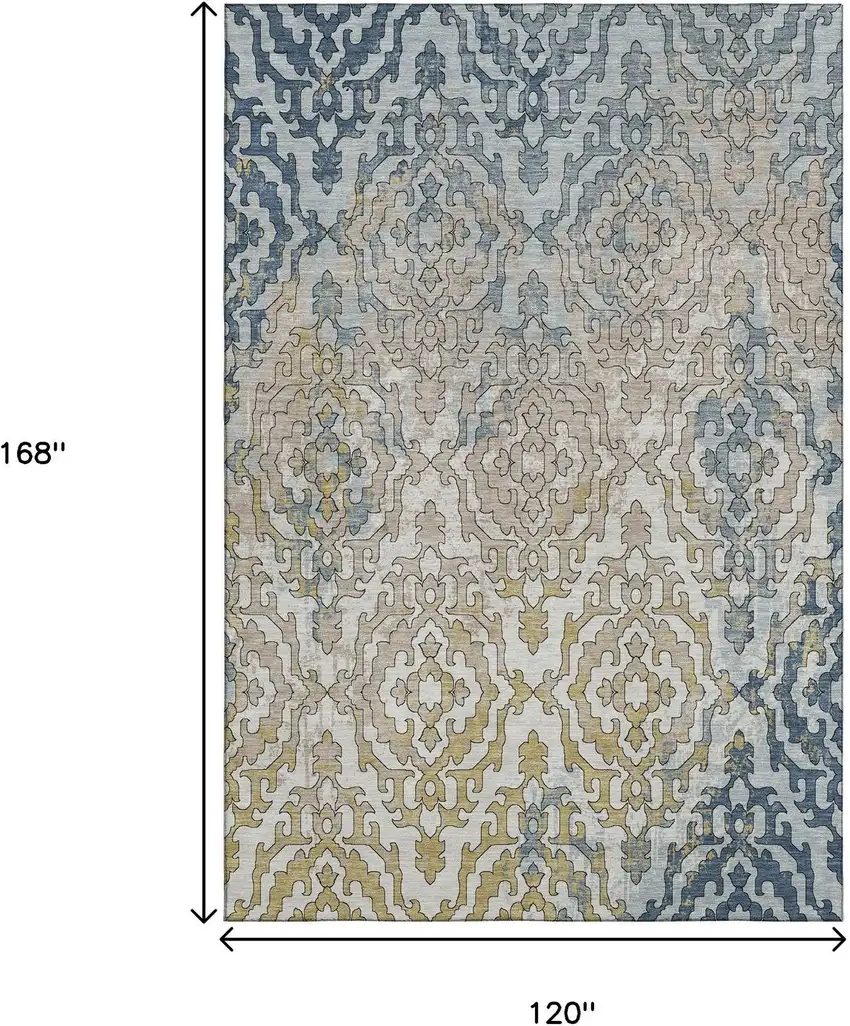 Sky Blue Gold And Ivory Medallion Washable Area Rug With UV Protection Photo 3
