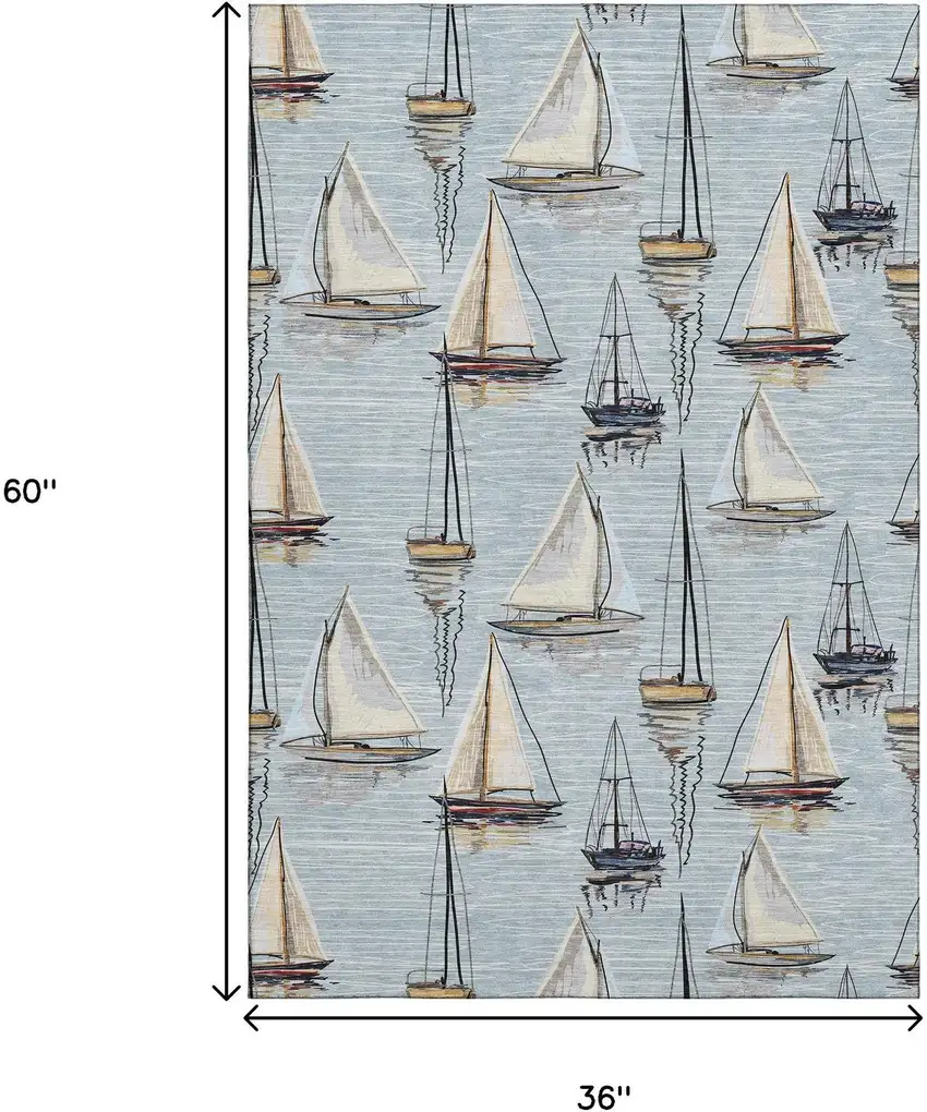 Sky Blue Gold And Ivory Nautical Washable Area Rug With UV Protection Photo 3