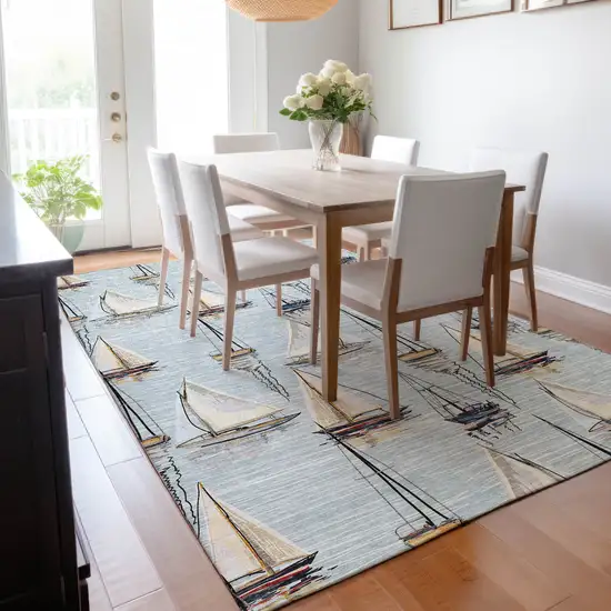 Sky Blue Gold And Ivory Nautical Washable Area Rug With UV Protection Photo 7