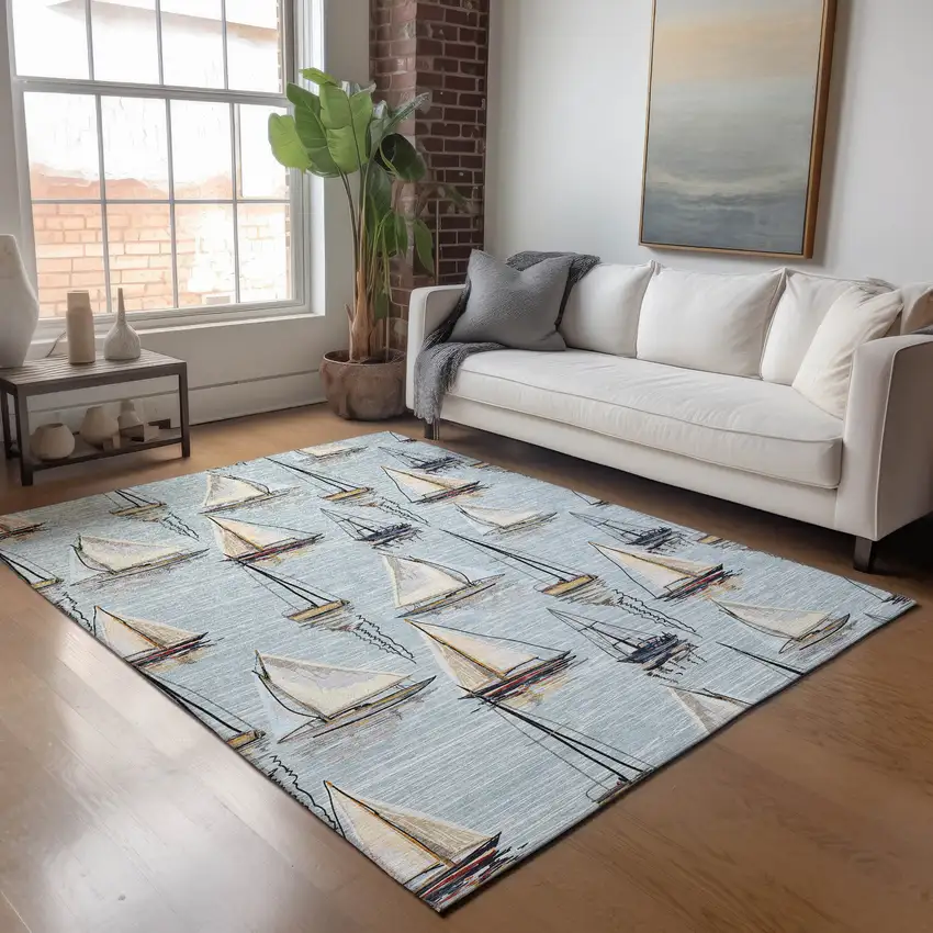 Sky Blue Gold And Ivory Nautical Washable Area Rug With UV Protection Photo 6