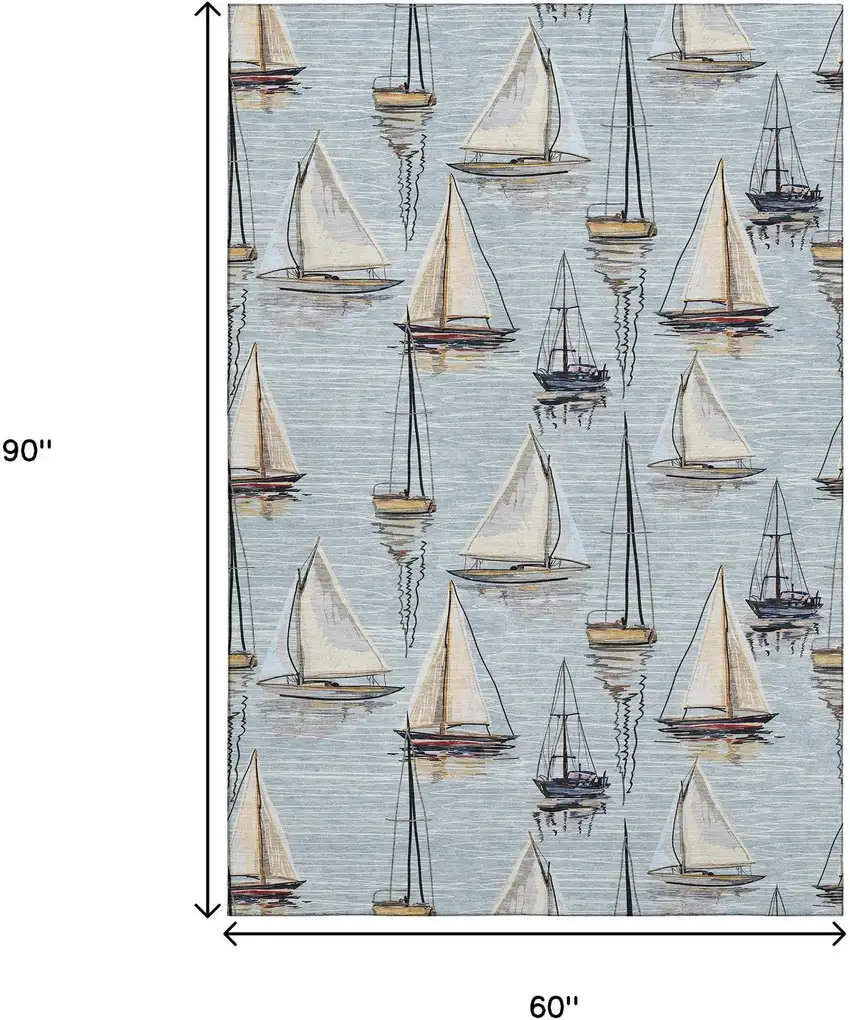 Sky Blue Gold And Ivory Nautical Washable Area Rug With UV Protection Photo 3