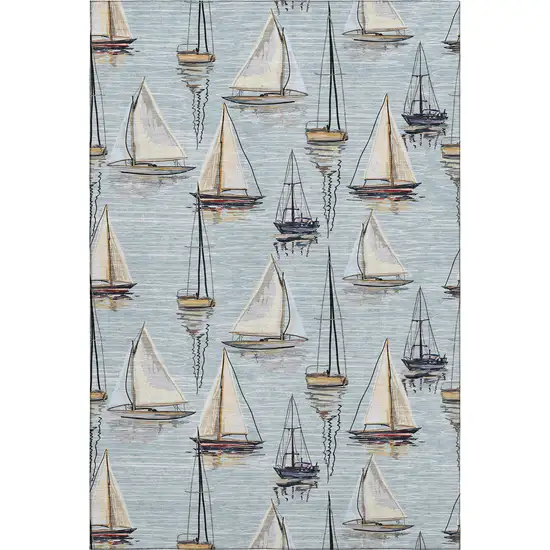 Sky Blue Gold And Ivory Nautical Washable Area Rug With UV Protection Photo 2