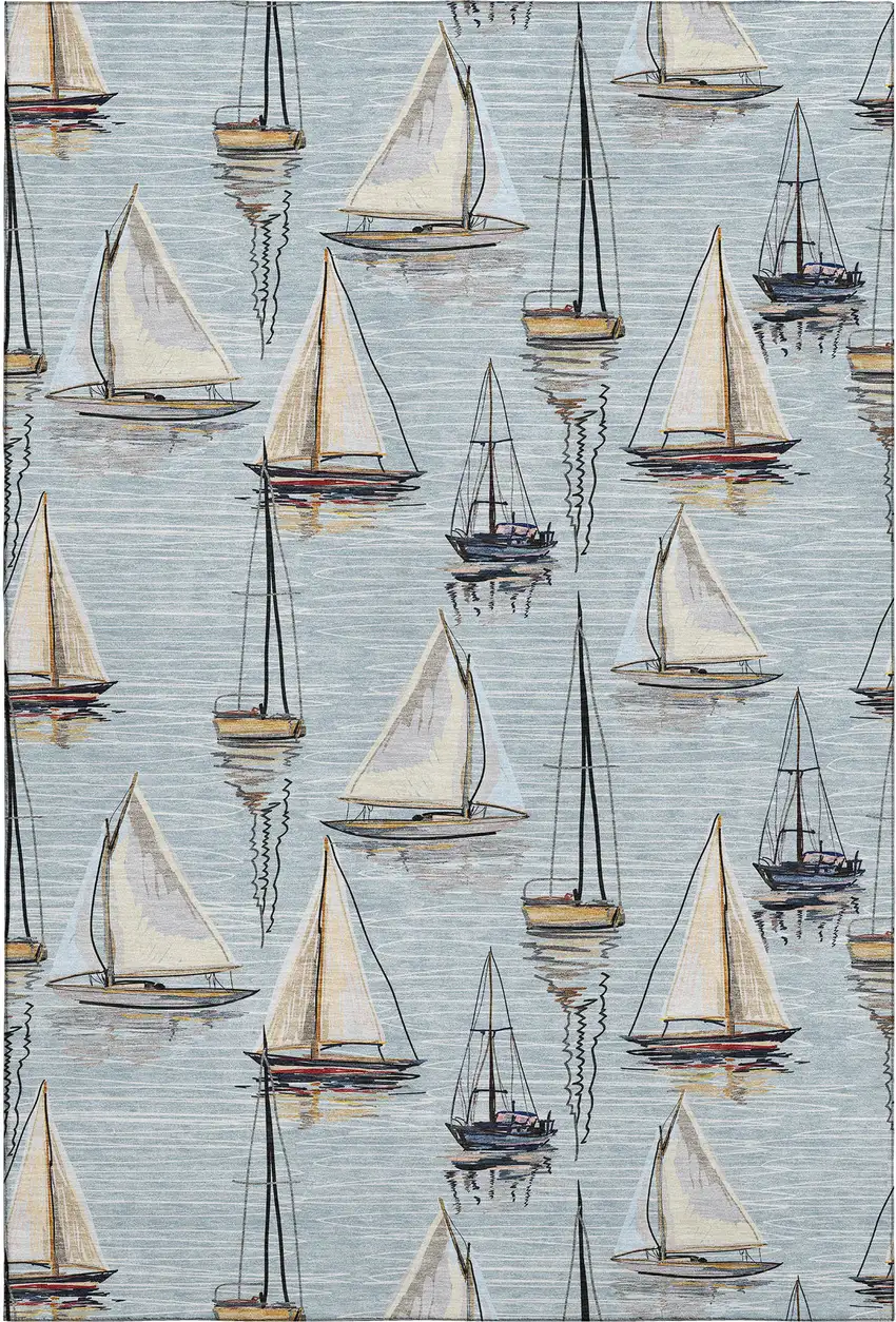 Sky Blue Gold And Ivory Nautical Washable Area Rug With UV Protection Photo 2