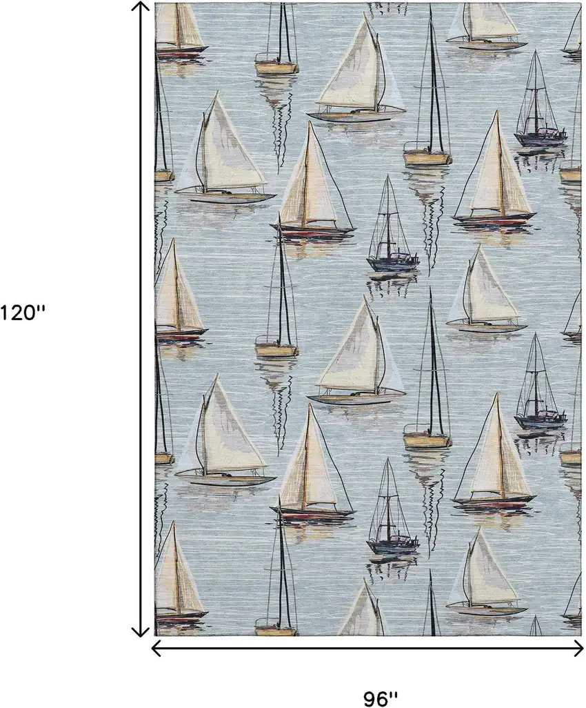 Sky Blue Gold And Ivory Nautical Washable Area Rug With UV Protection Photo 3