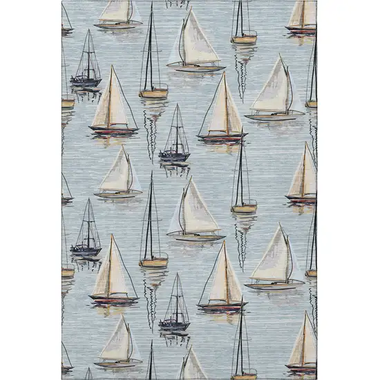 Sky Blue Gold And Ivory Nautical Washable Area Rug With UV Protection Photo 5