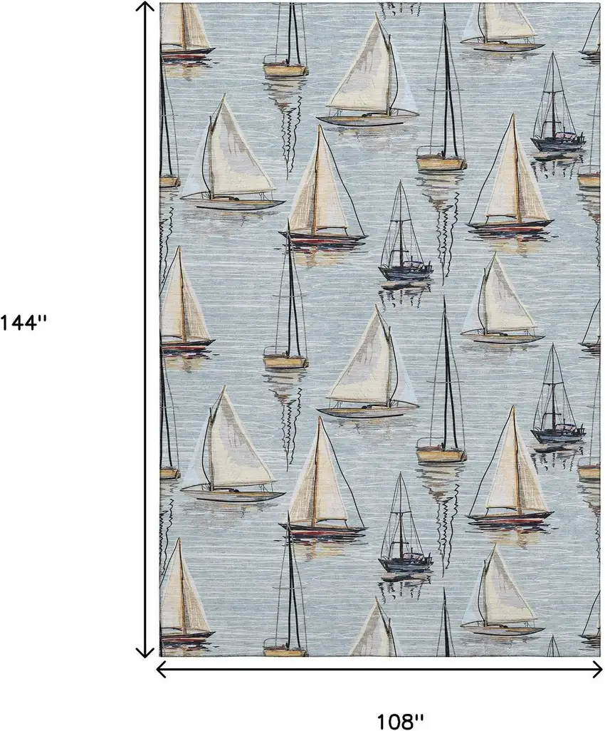 Sky Blue Gold And Ivory Nautical Washable Area Rug With UV Protection Photo 3