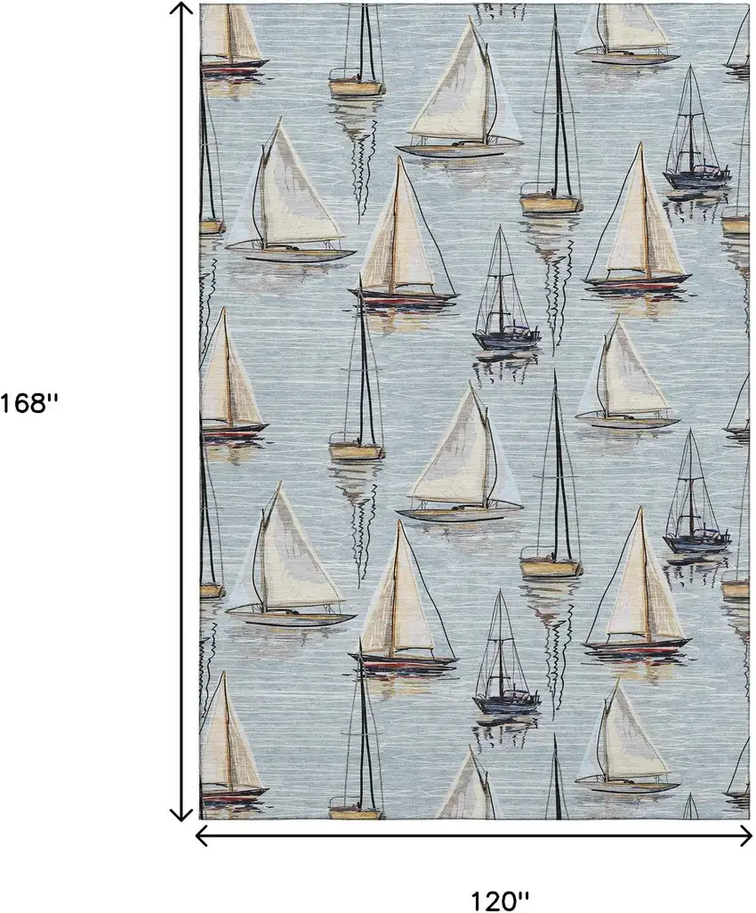 Sky Blue Gold And Ivory Nautical Washable Area Rug With UV Protection Photo 3