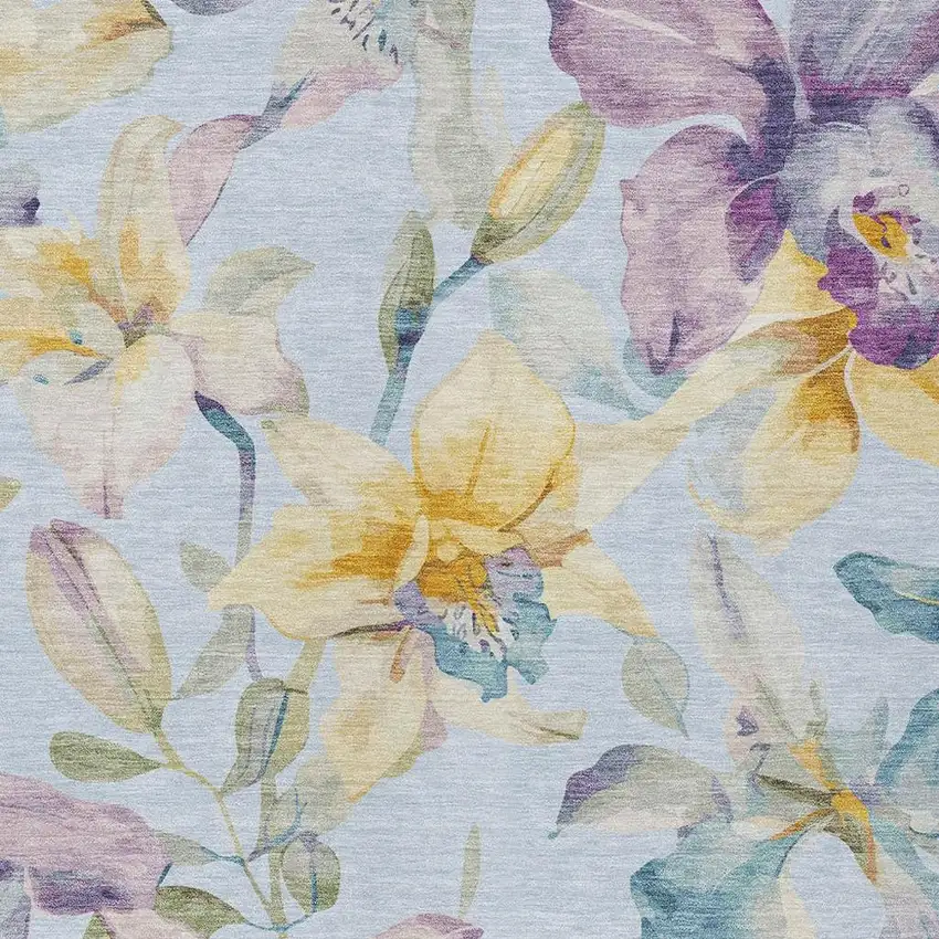 Sky Blue Gold And Lavender Floral Washable Indoor Outdoor Area Rug Photo 5