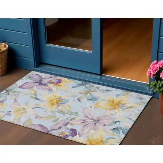Sky Blue Gold And Lavender Floral Washable Indoor Outdoor Area Rug Photo 1