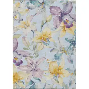 Photo of Sky Blue Gold And Lavender Floral Washable Indoor Outdoor Area Rug