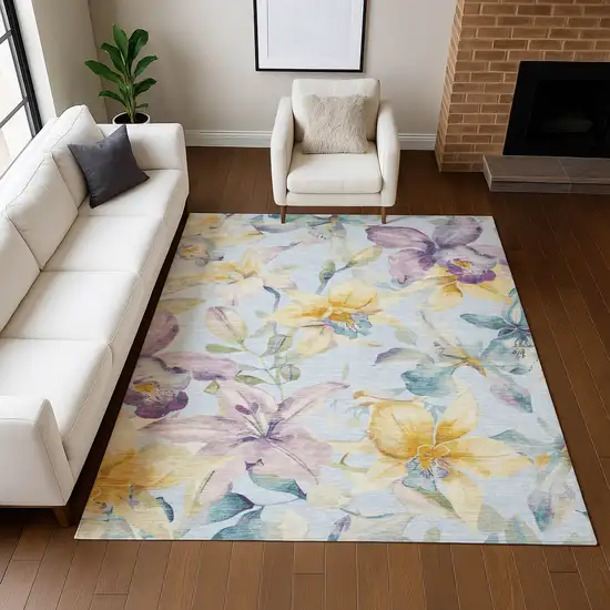 Sky Blue Gold And Lavender Floral Washable Indoor Outdoor Area Rug Photo 9