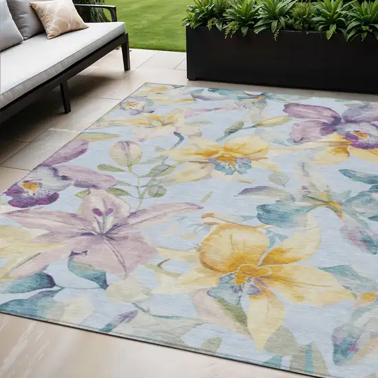 Sky Blue Gold And Lavender Floral Washable Indoor Outdoor Area Rug Photo 1