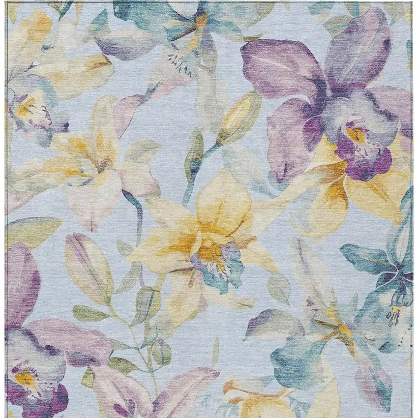 Sky Blue Gold And Lavender Floral Washable Indoor Outdoor Area Rug Photo 4