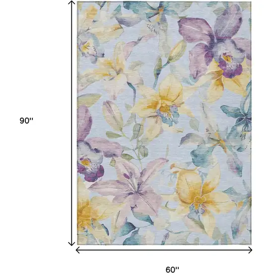 Sky Blue Gold And Lavender Floral Washable Indoor Outdoor Area Rug Photo 3