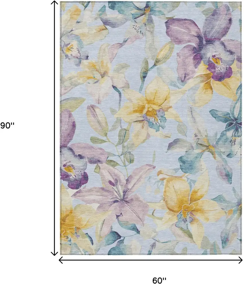 Sky Blue Gold And Lavender Floral Washable Indoor Outdoor Area Rug Photo 3