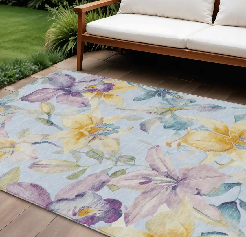Sky Blue Gold And Lavender Floral Washable Indoor Outdoor Area Rug Photo 1