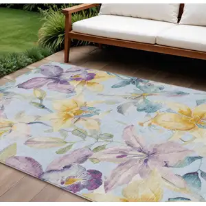 Photo of Sky Blue Gold And Lavender Floral Washable Indoor Outdoor Area Rug
