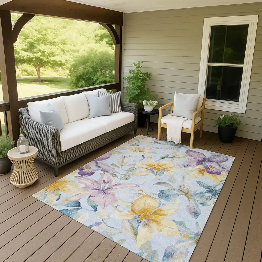 Sky Blue Gold And Lavender Floral Washable Indoor Outdoor Area Rug Photo 8