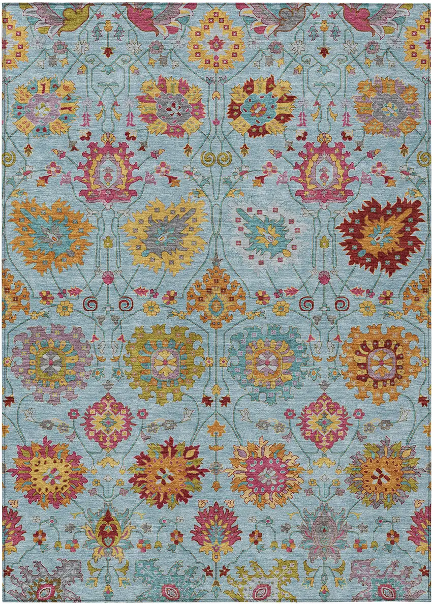 Sky Blue Gold And Pink Damask Washable Indoor Outdoor Area Rug Photo 2