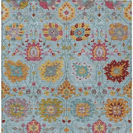 Sky Blue Gold And Pink Damask Washable Indoor Outdoor Area Rug Photo 7