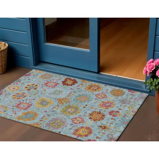 Sky Blue Gold And Pink Damask Washable Indoor Outdoor Area Rug Photo 1