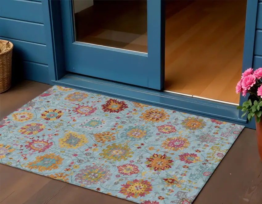 Sky Blue Gold And Pink Damask Washable Indoor Outdoor Area Rug Photo 1