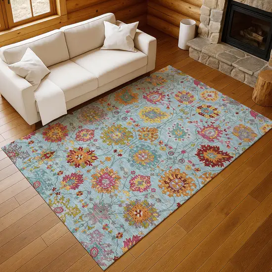 Sky Blue Gold And Pink Damask Washable Indoor Outdoor Area Rug Photo 8