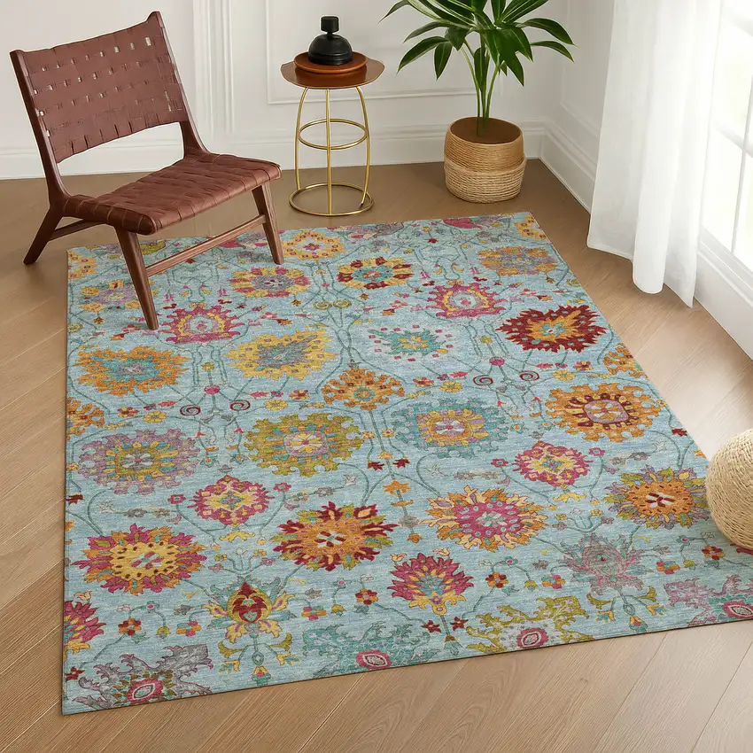 Sky Blue Gold And Pink Damask Washable Indoor Outdoor Area Rug Photo 9
