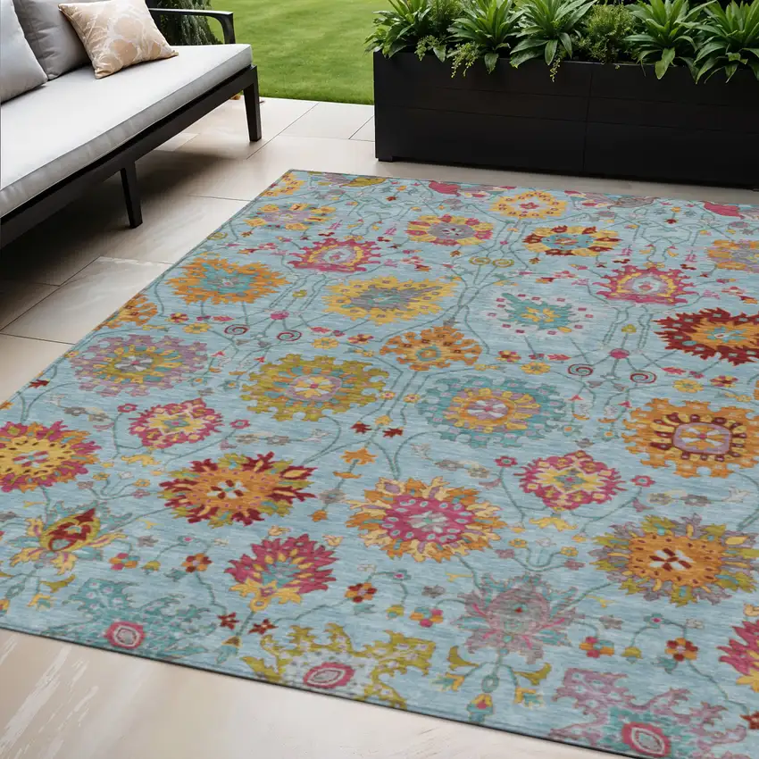 Sky Blue Gold And Pink Damask Washable Indoor Outdoor Area Rug Photo 1