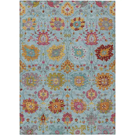 Sky Blue Gold And Pink Damask Washable Indoor Outdoor Area Rug Photo 2