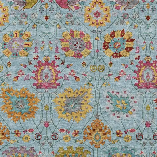 Sky Blue Gold And Pink Damask Washable Indoor Outdoor Area Rug Photo 7