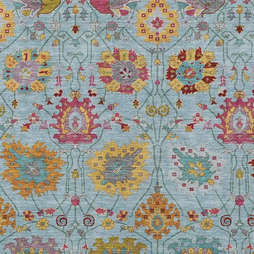 Sky Blue Gold And Pink Damask Washable Indoor Outdoor Area Rug Photo 7