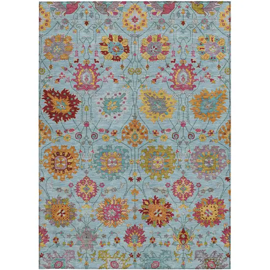 Sky Blue Gold And Pink Damask Washable Indoor Outdoor Area Rug Photo 4