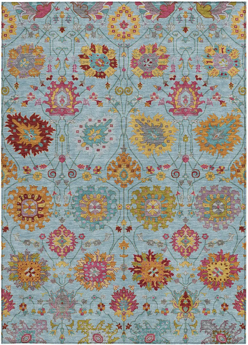Sky Blue Gold And Pink Damask Washable Indoor Outdoor Area Rug Photo 4