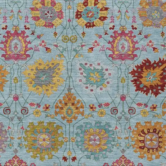 Sky Blue Gold And Pink Damask Washable Indoor Outdoor Area Rug Photo 7