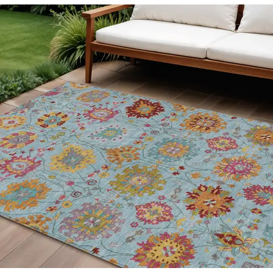 Sky Blue Gold And Pink Damask Washable Indoor Outdoor Area Rug Photo 1