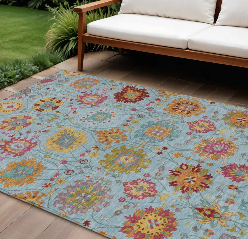 Sky Blue Gold And Pink Damask Washable Indoor Outdoor Area Rug Photo 1