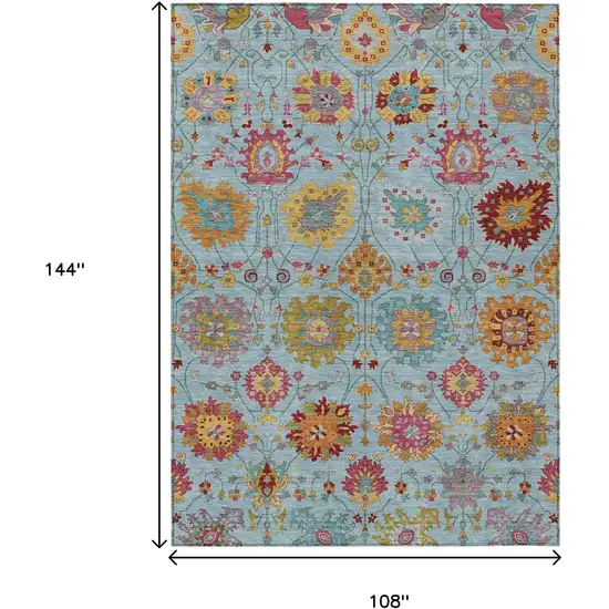 Sky Blue Gold And Pink Damask Washable Indoor Outdoor Area Rug Photo 3