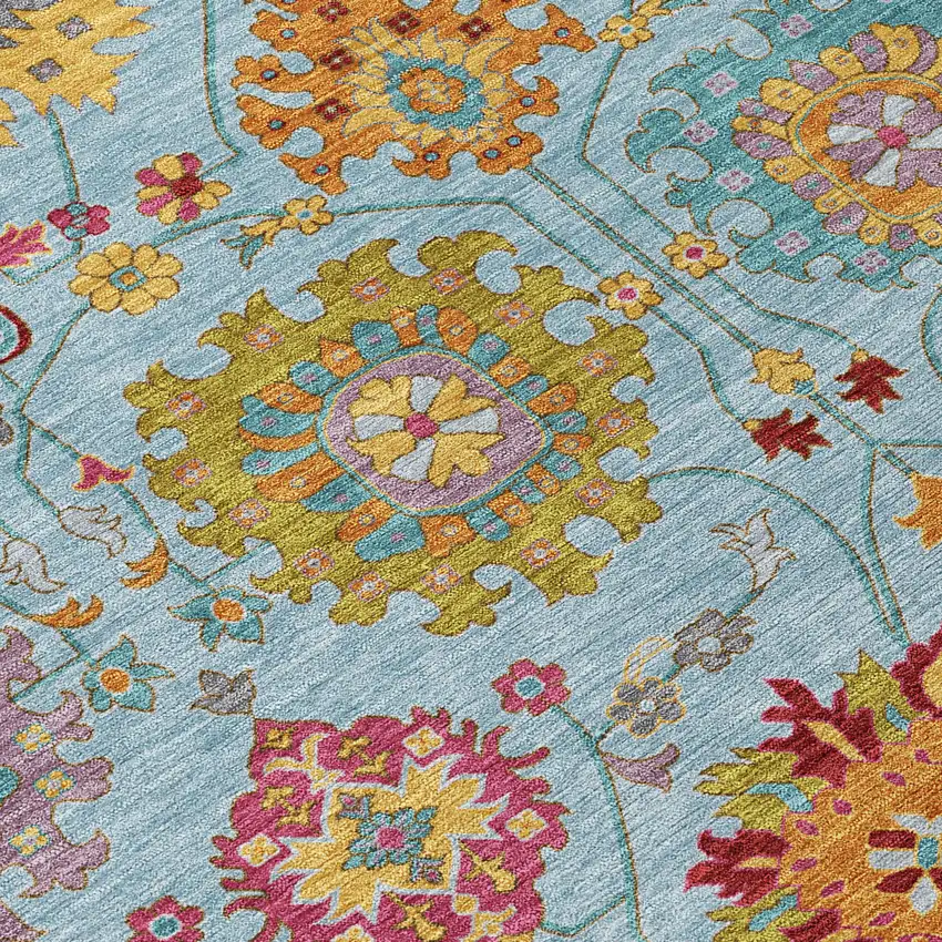 Sky Blue Gold And Pink Damask Washable Indoor Outdoor Area Rug Photo 8