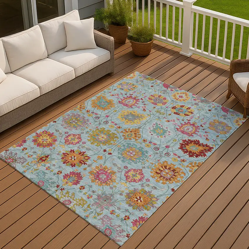 Sky Blue Gold And Pink Damask Washable Indoor Outdoor Area Rug Photo 7