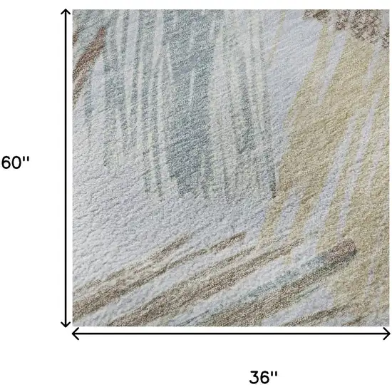 Sky Blue Gold And Taupe Striped Washable Area Rug With UV Protection Photo 9