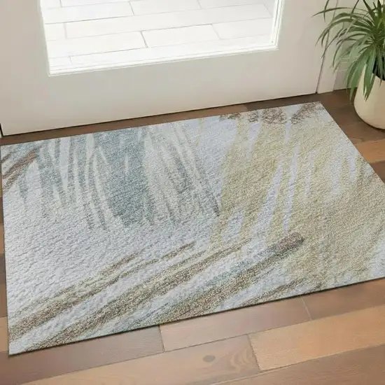 Sky Blue Gold And Taupe Striped Washable Area Rug With UV Protection Photo 2