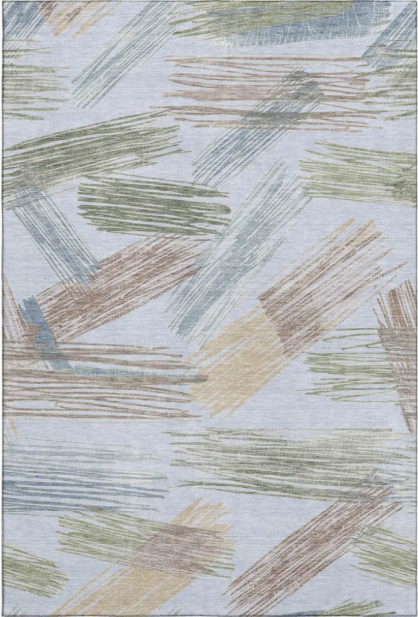Sky Blue Gold And Taupe Striped Washable Area Rug With UV Protection Photo 5