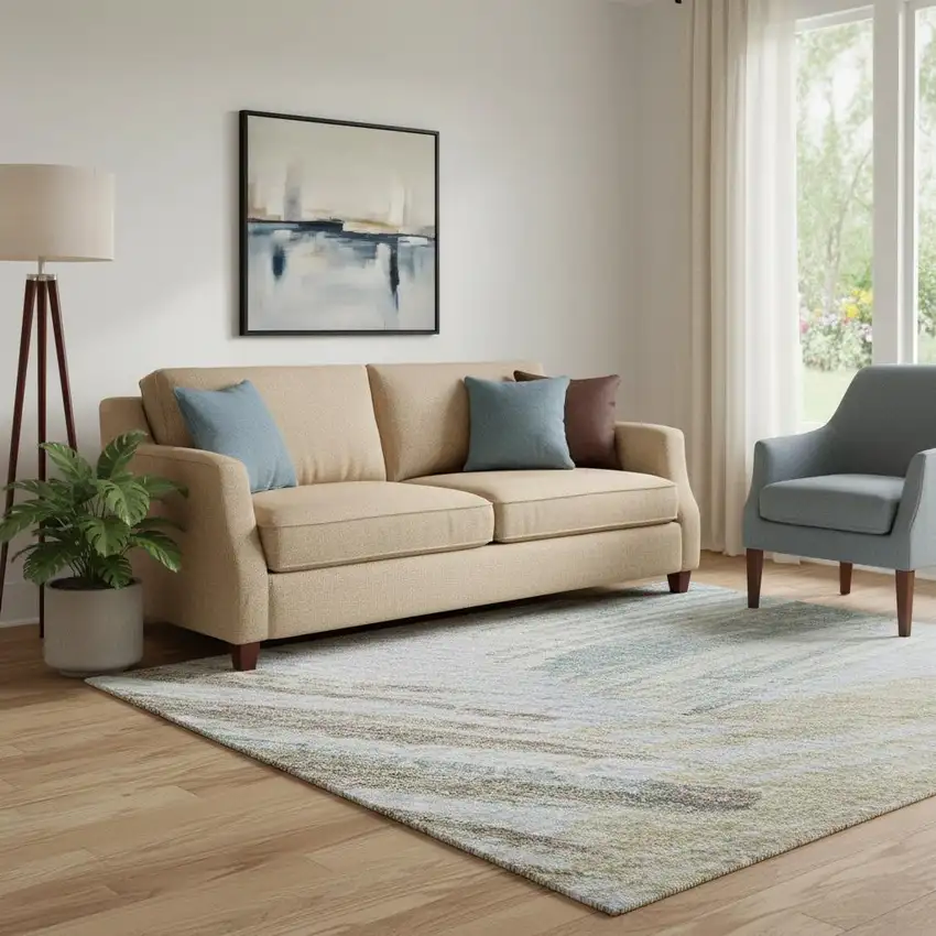 Sky Blue Gold And Taupe Striped Washable Area Rug With UV Protection Photo 2