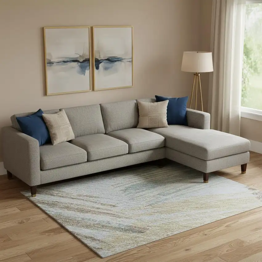 Sky Blue Gold And Taupe Striped Washable Area Rug With UV Protection Photo 2