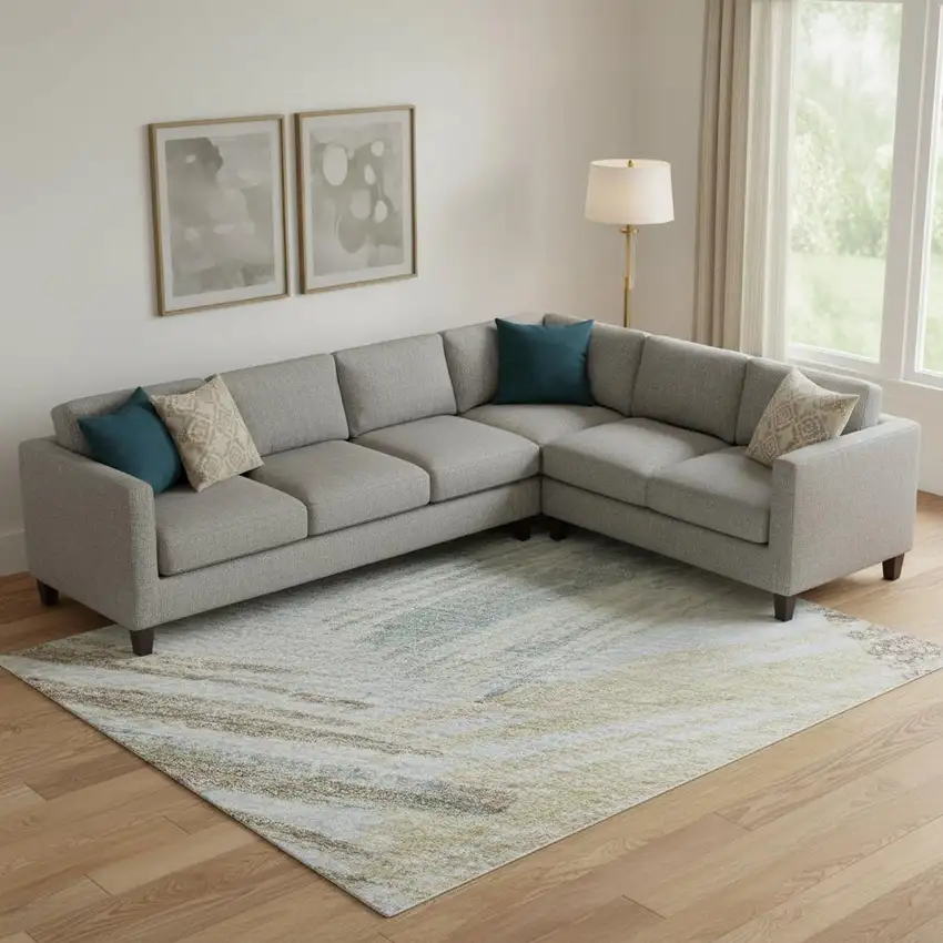 Sky Blue Gold And Taupe Striped Washable Area Rug With UV Protection Photo 2