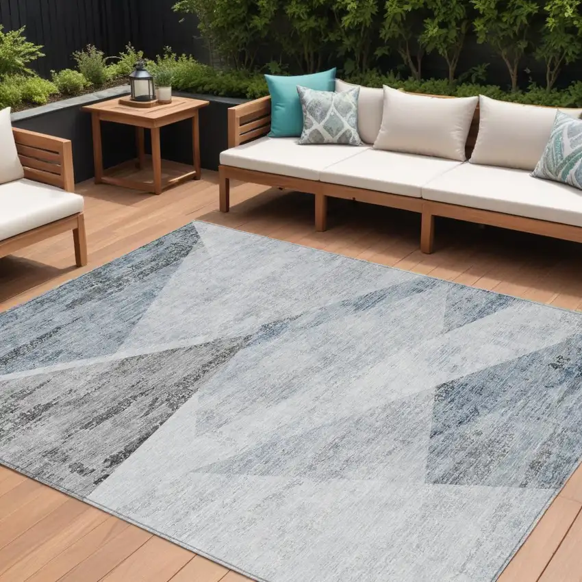 Sky Blue Gray And Charcoal Abstract Washable Indoor Outdoor Area Rug Photo 1