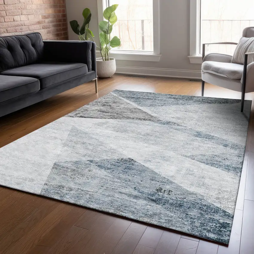 Sky Blue Gray And Charcoal Abstract Washable Indoor Outdoor Area Rug Photo 6