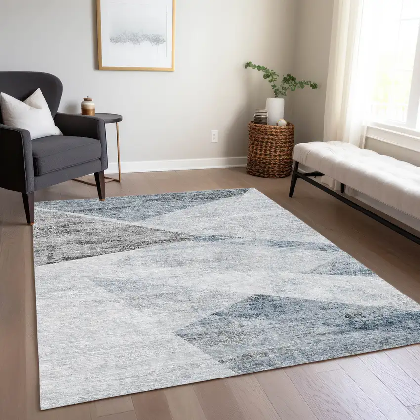 Sky Blue Gray And Charcoal Abstract Washable Indoor Outdoor Area Rug Photo 7