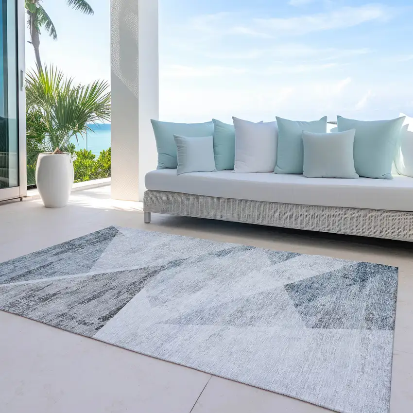 Sky Blue Gray And Charcoal Abstract Washable Indoor Outdoor Area Rug Photo 5